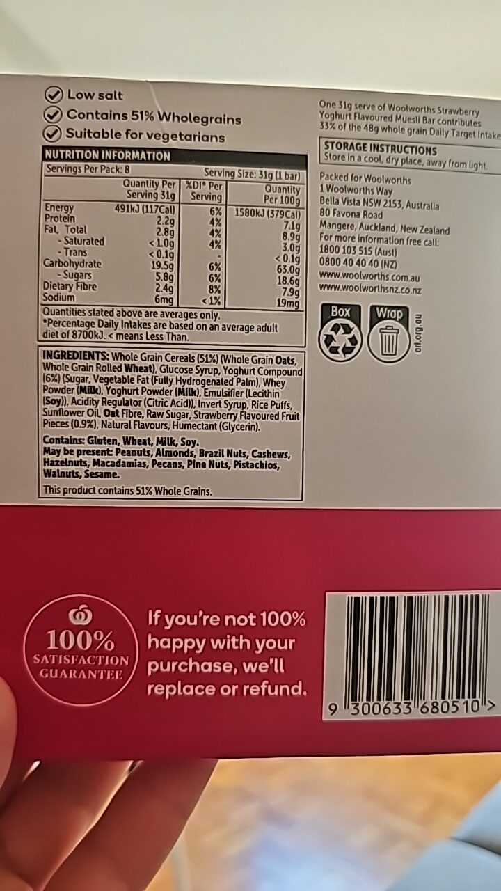 Woolworths Strawberry Yoghurt Flavoured Muesli Bar